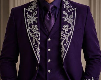 Men's Purple Victorian Embroidered Formal Tailcoat Wool Blend Wedding Coat Gothic Groom Steampunk Military Long Jacket Custom Fit