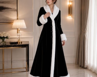 Women's Black Velvet Maxi Coat White Faux Fur Trim Luxury Winter Formal Long Princess Coat Elegant Christmas Wedding Outerwear