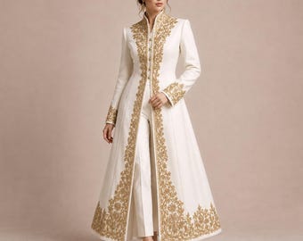 Elfenbeinfarbener, bestickter Damenmantel, formeller Hochzeitsmantel mit Goldfadenstickerei, Abendjacke im Prinzessinnenstil, maßgeschneiderter Oberbekleidung
