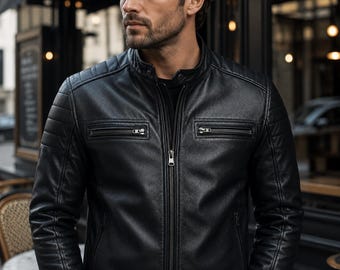 Men's Black Leather Cafe Racer Jacket Slim Fit Moto Biker Coat Minimalist Streetwear Casual Motorcycle Gift for Him Style