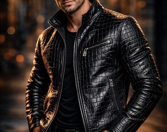 Men’s Black Crocodile Leather Jacket – Luxury Textured Biker Style Coat, Slim Fit Designer Outerwear for Night Out & Streetwear Look