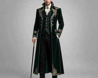 Casaco vitoriano de veludo verde esmeralda, fraque gótico com bordados dourados, traje formal aristocrático