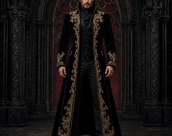 Men's Black Gothic Embroidered Long Coat, Victorian Gold Trim Frock Coat for Men, Wedding, Stagewear and Luxury Statement Formalwear