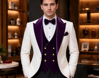 Men's Ivory Velvet Shawl Lapel Tuxedo Suit, Purple Formal Wedding Groom Attire