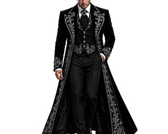 Men's Black Victorian Tailcoat Suit, Silver Embroidered Gothic Formal Outfit