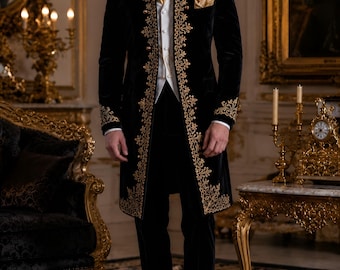Schwarze bestickte Samt-Frackjacke für Herren, barocker gotischer Mantel für Hochzeitsgala königliche viktorianische Abendgarderobe für Bräutigame