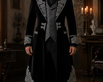 Men's Black Velvet Gothic Tailcoat Victorian Embroidered Formal Coat Luxury Wedding Groom Steampunk Military Jacket Cosplay