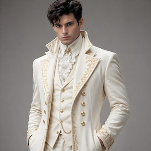 Pode incluir: Terno formal marfim com bordados dourados. O conjunto inclui um casaco comprido com bot&otilde;es dourados, um colete e uma camisa com babados. O terno tem uma est&eacute;tica vintage e r&eacute;gia, adequado para ocasi&otilde;es especiais.