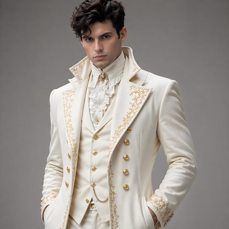 Pode incluir: Terno formal marfim com bordados dourados. O conjunto inclui um casaco comprido com bot&otilde;es dourados, um colete e uma camisa com babados. O terno tem uma est&eacute;tica vintage e r&eacute;gia, adequado para ocasi&otilde;es especiais.