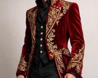 Men's Red Velvet Tailcoat with Gold Baroque Embroidery – Gothic Steampunk Jacket