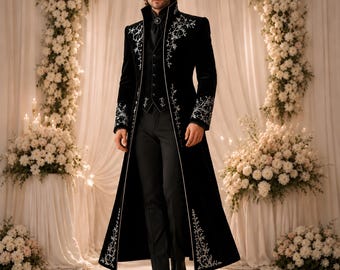 Men's Black Velvet Embroidered Tailcoat, Silver Gothic Formal Wedding Coat, Victorian Long Jacket for Groom, Luxury Evening Wear