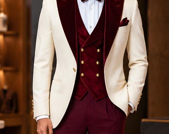 Men's Ivory Velvet Shawl Lapel Tuxedo Suit, Burgundy Formal Wedding Groom Attire