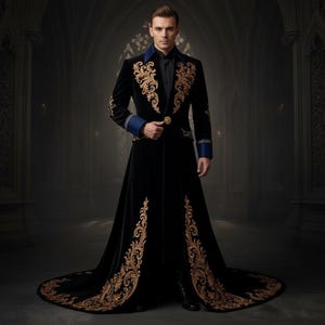 Frac largo gótico de terciopelo bordado para hombre, chaqueta de príncipe renacentista, estilo victoriano, para bodas, steampunk, ropa de lujo. imagen 2