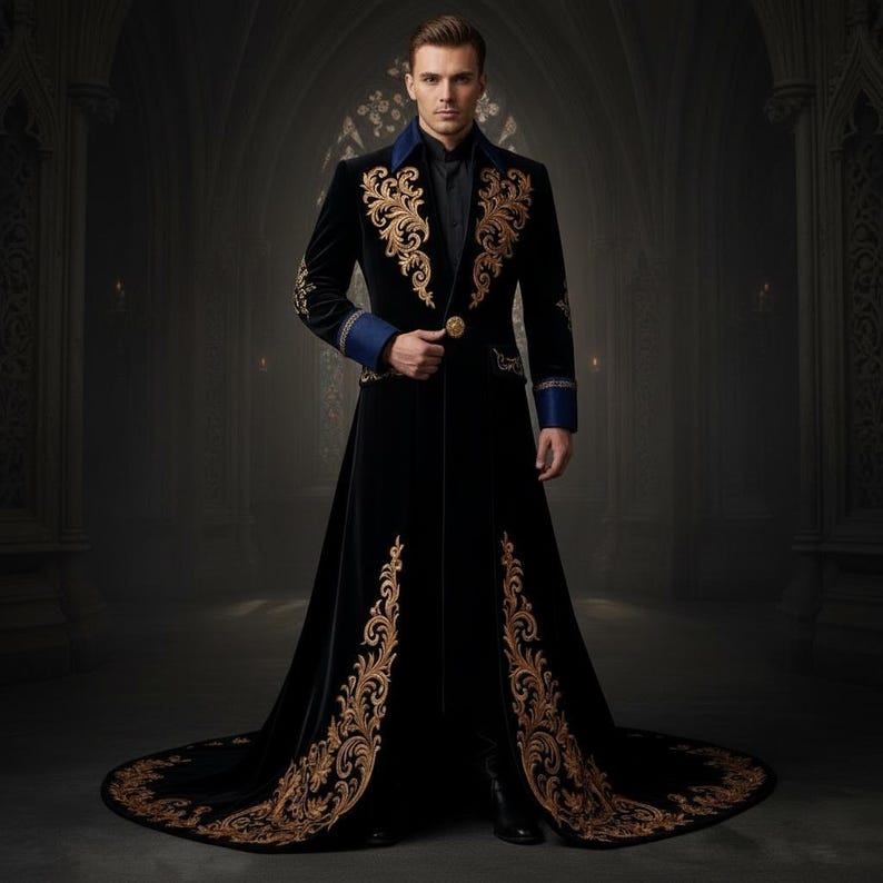 Frac largo gótico de terciopelo bordado para hombre, chaqueta de príncipe renacentista, estilo victoriano, para bodas, steampunk, ropa de lujo. imagen 2