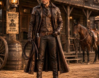 Mens Leather Duster Coat Set, Western Cowboy Outfit, Long Leather Trench Coat with Vest Hat Whip, Ranch Style Costume for Cosplay Events