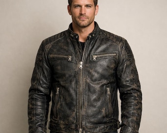 Chaqueta de motociclista de cuero de vaca negro desgastado para hombre – Estilo vintage de moto streetwear