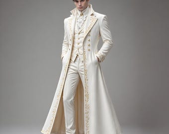 Può includere: Completo formale color avorio con cappotto lungo, gilet e pantaloni. Il cappotto presenta ricami dorati lungo i bordi e le maniche, con bottoni dorati. Il completo include una camicia bianca con colletto e scarpe nere.