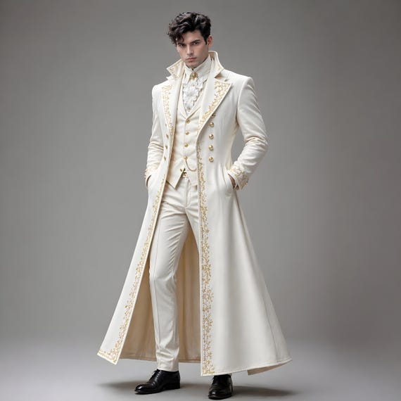Ivory Gothic Tailcoat Suit: Victorian Embroidered Prince Jacket, Formal Groom Wear
