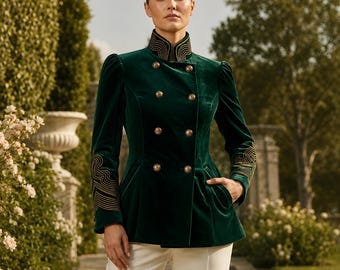 Emerald Green Velvet Military Blazer, Gold Embroidered High Collar Jacket, Old Money Style