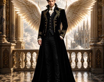 Schwarzer Samt Gothic Mantel mit Goldstickerei – Aristokrat Frackjacke