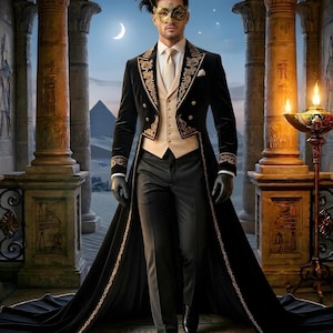 May include: A man in a black tailcoat with gold embroidery, a cream-colored vest, and black trousers. He wears a gold mask with a feather and black gloves. The background features ancient columns and a night sky with a crescent moon.