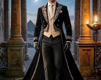 Men's Gothic Tailcoat Tuxedo Jacket Black Embroidered Formal Long Coat Victorian Steampunk Wedding Evening Prom Statement Outerwear