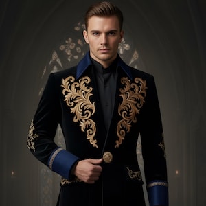 Frac largo gótico de terciopelo bordado para hombre, chaqueta de príncipe renacentista, estilo victoriano, para bodas, steampunk, ropa de lujo. imagen 1