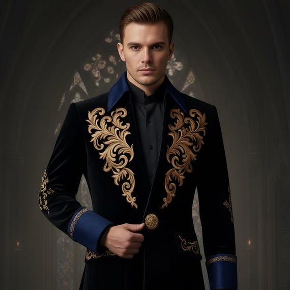 Men's Gothic Velvet Embroidered Tailcoat Long Formal Coat Renaissance Prince Jacket Victorian Wedding Steampunk Luxury Wear