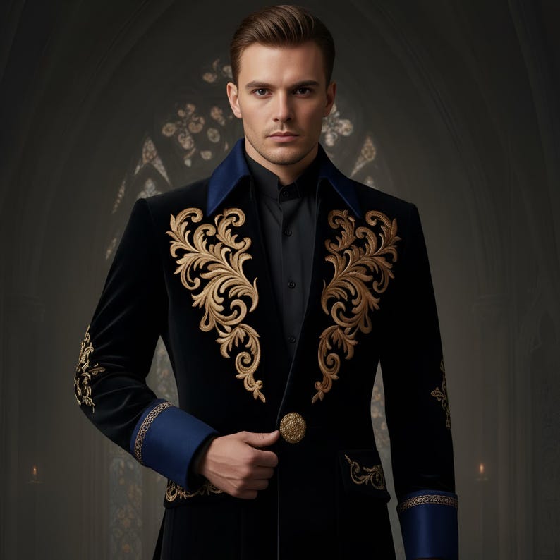 Frac largo gótico de terciopelo bordado para hombre, chaqueta de príncipe renacentista, estilo victoriano, para bodas, steampunk, ropa de lujo. imagen 1