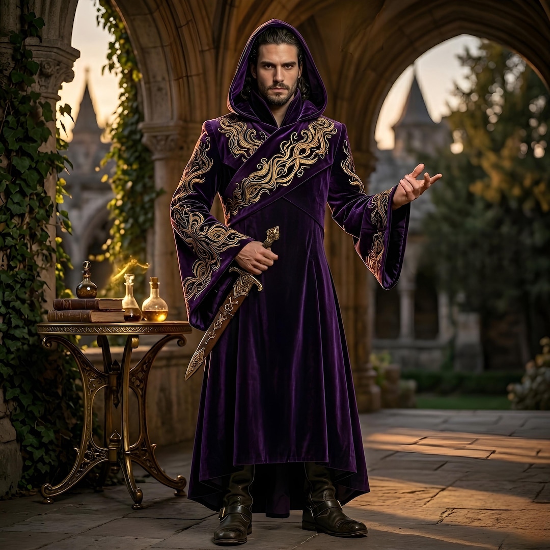 Men's Purple Velvet Wizard Robe, Gothic Renaissance Hooded Cloak ...