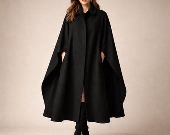 Black Wool Cape Coat, Elegant Minimalist Winter Outerwear, Timeless Statement Piece