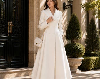 Women's Ivory Long Wool Coat, Double Breasted Maxi Winter Coat, Elegant Princess Line Overcoat, Bridal Reception Formal Coat