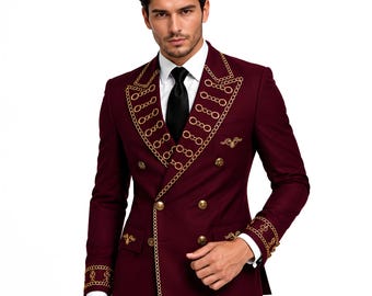 Burgundy Double-Breasted Suit, Gold Embellished Military Style Groom Attire