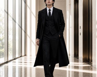 Men's Black Long Wool Overcoat Formal Tailored Coat Minimalist Luxury Trench Style Wedding Evening Smart Classic Outerwear