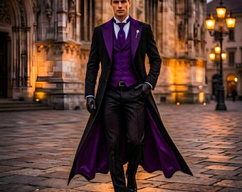 Men's Black Purple Victorian Tailcoat, Gothic Prince Steampunk Formal Wedding Tuxedo