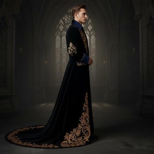 Frac largo gótico de terciopelo bordado para hombre, chaqueta de príncipe renacentista, estilo victoriano, para bodas, steampunk, ropa de lujo. imagen 6