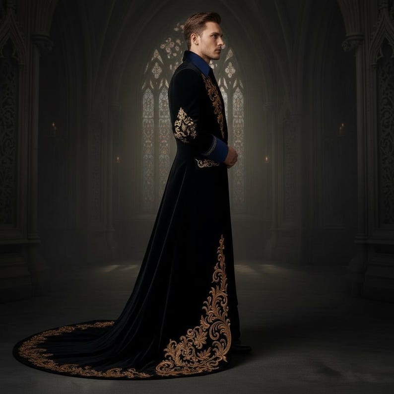 Frac largo gótico de terciopelo bordado para hombre, chaqueta de príncipe renacentista, estilo victoriano, para bodas, steampunk, ropa de lujo. imagen 6