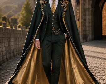 Mens Embroidered Cape Suit, Emerald Green Formal Cape Blazer, Gold Embroidery Tuxedo Set, Wedding Groom Outfit, Luxury Evening Wear