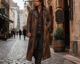 Men's Brown Leather Trench Coat, Distressed Long Leather Coat, Vintage Style Overcoat for Men, Belted Classic Winter Jacket