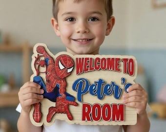 Letrero personalizado de Spiderman para habitación, letrero con nombre para puerta de dormitorio de superhéroe, letrero con nombre para guardería, letrero para habitación, letrero de puerta de superhéroe de Disneyland, Vengadores