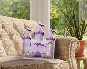 Custom Princess Castle Cushion with Name Flat Printed Pillow Gift for Girls Birthday Room Fairy Tale Nursery Decor Idea Playroom Accent