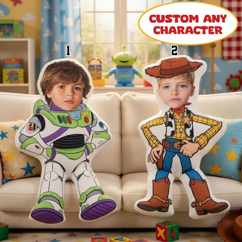 Almohada personalizada con foto de la cara de Disneylandland de Toy Story, almohada de peluche personalizada de Buzz, Woody y Jessie, regalo de cumpleaños de Toy Story, decoración de habitación imagen 1