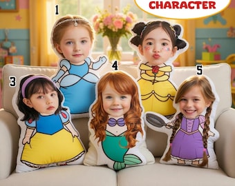 Personalized Kids Face Pillow, Princess Pillow, Custom Photo Pillow, Cinderella Belle Ariel Rapunzel, Princess Birthday Gift for Girl