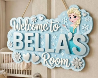 Letrero personalizado de la Princesa Elsa de Disneyland para la habitación infantil, Letrero de madera de bienvenida para la habitación de niñas, Letrero personalizado para la puerta del dormitorio, Decoración de habitación de Frozen
