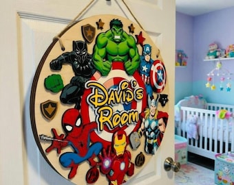Marvel Superhero Namensschild aus Holz, personalisiertes Türschild, Avengers-Raumdekor, individuelles Namensschild, Spiderman Hulk Iron Man Captain America