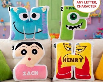 Personalized Monsters Letter Pillow Custom Cartoon Monster Initial Cushion Plush Name Decor Nursery Room Birthday Gift Any Character