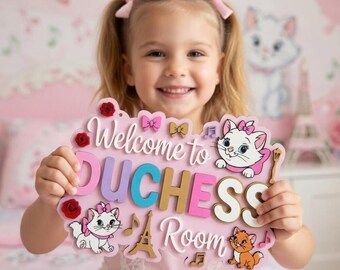 Aristocats Marie Katze Kinderzimmer Namensschild, personalisiertes 3D Holz Wanddekor, Paris Rosa Mädchenzimmer Tür Schild, benutzerdefiniertes Geschenk