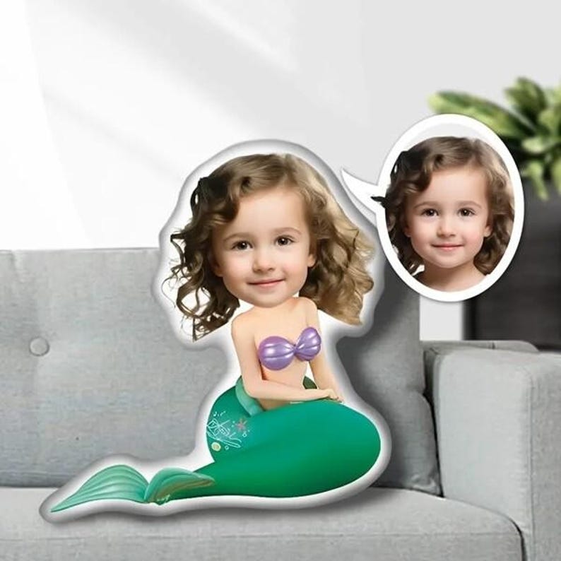 Custom Face Ariel Princess Pillow,Personalized Your Face Photo Gift, Disneyland The Little Mermaid Doll, Birthday Anniversary Valentine Gift image 1