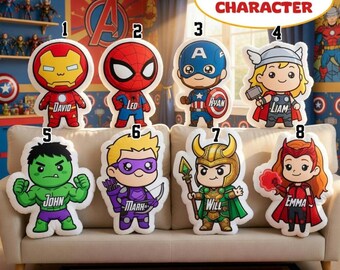 Custom Superhero Character Pillow, Personalized Marvel Inspired Plush Cushion, Chibi Hero Doll Decor, Birthday Gift, Comic Style Pillow