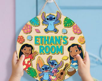 Personalized Stitch Room Decor, Floral Stitch Name Sign, Custom Wood Door Plaque, Cute Alien Nursery Wall Art, Child Bedroom Gift
